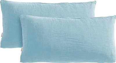 Produktbild von Pure Label Musselin Kissenbezug 40x80 2er Set aus 100% Baumwolle - Traumhaft weiche, kuschelige Musselin Kissenbezug-Set in blau