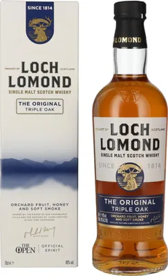 A bottle of Loch Lomond Single Malt Scotch Whisky and its packaging.
