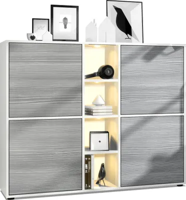 Produktbild von Vladon Highboard Cuba V3, Germany, Weiß matt/Avola-Anthrazit inkl. LED - Moderne Anrichte mit 12 Fächern (130,5 x 105,5 x 35,5 cm)