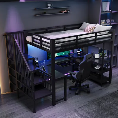 Imagen del producto de STILVORA: Cama alta para juegos de 120 x 200 cm con escritorio en forma de U, estructura de cama de metal con escalera y estanterías, cama alta con cajón para teclado, enchufe de la UE y luces LED