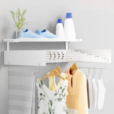 Image de Étagère murale - Séchoir extensible de 80 cm avec crochets et corde à linge - Pliable et peu encombrant - Blanc