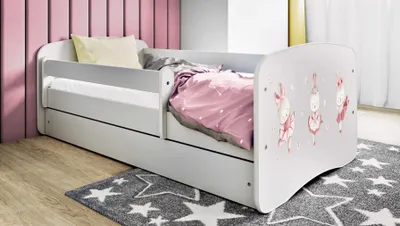 Obrázek produktu pro Dětská postel pro mládež Králík s motýly 70x140, 80x160, 80x180 cm - kompletní sada s matrací, zásuvkou a ochranou proti pádu