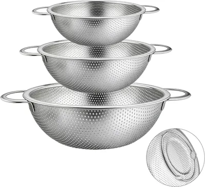 Obrázek produktu pro Sada 3 cedníků z nerezové oceli s mikroperforací, sítka na těstoviny s rukojeťmi, cedník z nerezové oceli, cedník na scezení, cedník s mikroperforací na scezení těstovin, ovoce, rýže, zeleniny, vhodné do myčky - 16/22/28 cm