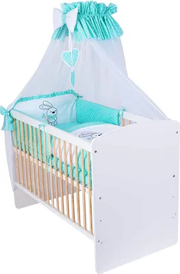 Produktbild von KMbaby Babybett K2 gelb-weiss 120x60 mit 10tlg Bettwäsche Set Matratze Gitterbett Turkus Minze Hase