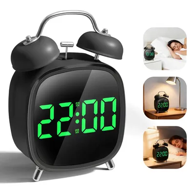 Produktbild von Wecker, Retro-Doppelglocke aus Metall, großes Display mit Hintergrundbeleuchtung, kleine digitale LED-Nachttischuhr für Schlafzimmer, lauter Wecker