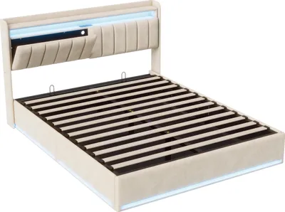 Produktbild von UnboxG Modernes Samt-Doppelbett 140x200 cm mit Stauraum, LED-RGB-Beleuchtung & USB-C Ladefunktion – Beiges Polsterbett mit Kopfteilregal und praktischem USB-Anschluss