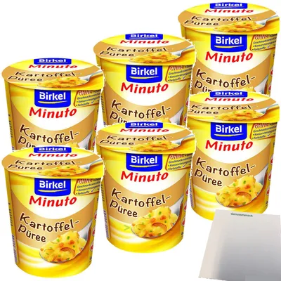 A collage of several containers of Birkel Minuto Kartoffel Püree.