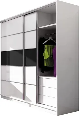 Produktbild von Schiebeschrank Dubaj 226 cm mit Schwarz Glass, Kleiderschrank Schlafzimmer, Wohnzimmer - 226 x 220 x 64 Farbe: Weiß, Schwebetürenschrank mit 2 Kleiderstange, Ablagen und 3 Schubladen; Mehrzweckschrank
