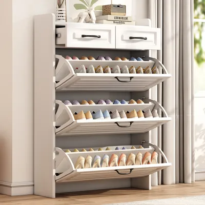 Produktbild von Abrihome Schuhschrank-80x23.5x120 cm, 3 Klappen Schuhkipper Schuhregal Kommode mit 2 Schubladen