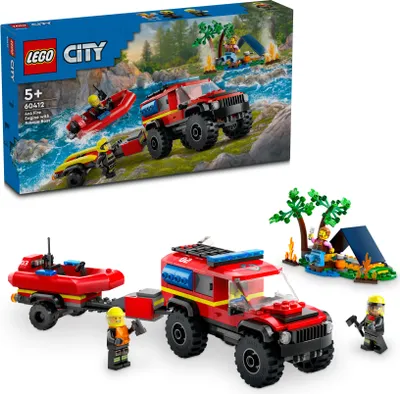 Produktbild von LEGO 60412 City Feuerwehrgeländewagen mit Rettungsboot, Offroad-Auto-Spielzeug für Kinder ab 5 Jahren, Rettungswagen mit Schlauchboot, Anhänger, Zelt und 3 Minifiguren, Geschenk für Jungs und Mädchen