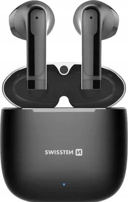 A pair of black wireless earbuds and their charging case are shown against a white background.