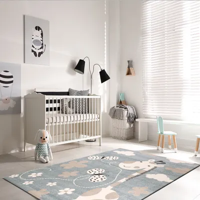 Image de Tapis pour enfants Girafe avec papillon et fleurs | Tapis pour enfants pour filles et garçons | Tapis pour chambre d'enfant bleu | Tapis pour chambre d'enfant , Dimensions:120x170 cm