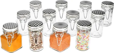 Produktbild von 12x Vorratsgläser TAKEO 90ml Retro-Motive rund eckig Aufbewahrungs-Dose Behälter