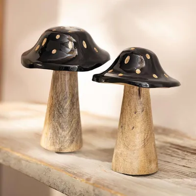Produktbild von 2x Pilz "Black" aus Holz, große Dekopilze, 13 + 16 cm hoch, Dekofigur Pilzset schwarz & gold, Herbstdeko Pilze, Pilzdeko