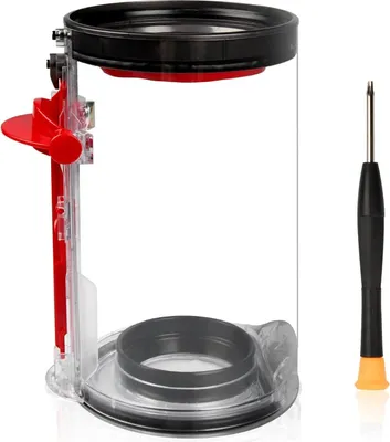 A clear product shot of a vacuum cleaner dustbin and a screwdriver on a white background.