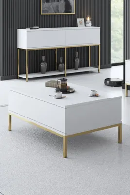 Produktbild von Skye Decor, Lord - White, Gold, Couchtisch, 100 % MELAMINBESCHICHTETE SPANPLATTEN, Weiß, 90 x 60 x 40 cm