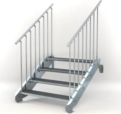 Produktbild von Stahltreppe 4 Stufen bis Höhe 84 cm, Laufbreite : 110 cm beidseitiges Geländer ST 1 (31 / 31 mm)