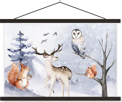 Produktbild von MuchoWow® Textilposter Winter - Schnee - Hirsche 60x40 cm mit schwarzem Rahmen - Hölzernes