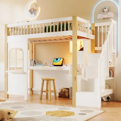A loft bed setup with a desk and storage beneath, in a child's room.