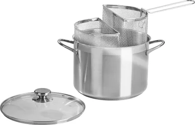 A stainless steel spaghetti and pasta pot with two mesh sieve inserts and a glass lid, shown on a white background.