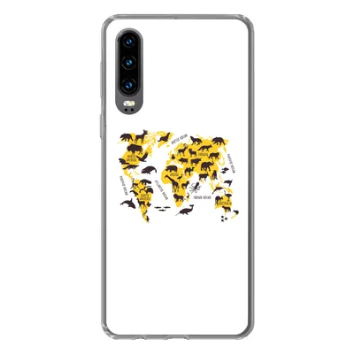 Produktbild von MuchoWow® Handyhülle Schutzhülle Hülle für Huawei P30 Weltkarte - Tiere - Gelb Silikon Softcase Handy Hülle - Kartenbesitzer