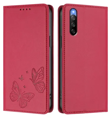 Image de Étui en cuir pour Sony Xperia 10 IV, motif papillon, étui à rabat avec porte-appareil, rouge
