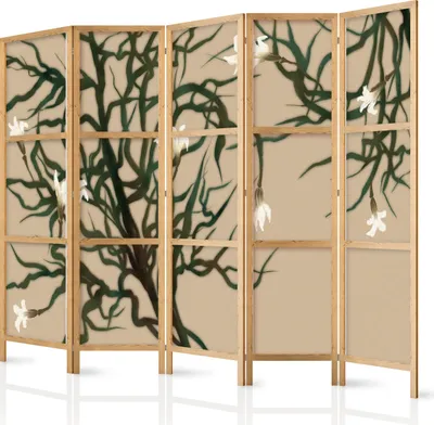 Image de Paravent XXL 225 x 172 cm, 5 panneaux, simple face, élégant, brise-vue, séparateur de pièce, cloison, motif décoratif, bois, bureau à domicile, botanique, abstrait, nature b-A-10440-bh-b