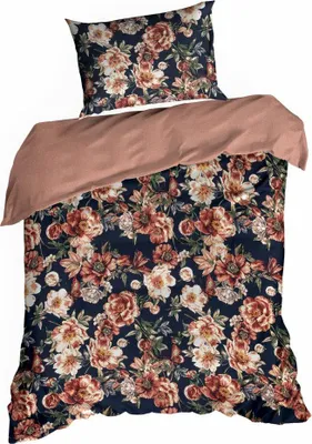 Image de EUROFIRANY | Parure de lit - Parure de lit - 140 x 200 cm - Bleu foncé brun - Motif floral - Parure de lit - 100% coton