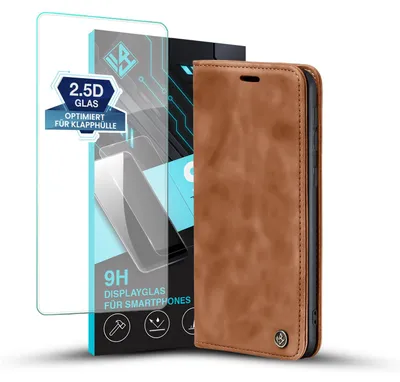 Produktbild von Handy Hülle für Samsung Galaxy S24 mit 9H Displayglas Klapphülle Bookcase Flip Cover Handy Tasche Etui Farbe: Hellbraun