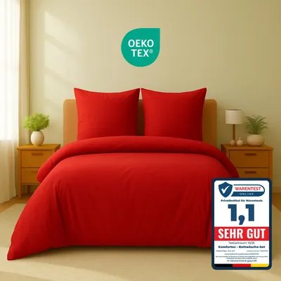 Produktbild von Komfortec Premium Bettwäsche 240x220 cm Bettbezug + 80x80 cm 2 Kissenbezüge, gebürstet 100% Polyester-Mikrofaser 120 g/m², 3teiliges Superweiches Bettwäsche-Set, Rot