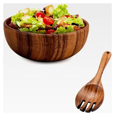 Produktbild von Salatschüssel aus Akazienholz 24 cm, große Rührschüssel mit Rührgabel, Küchenutensilien