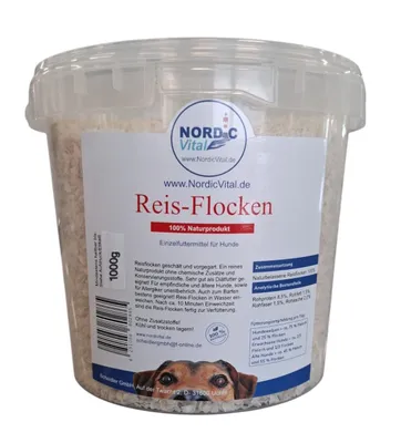 Produktbild von Reisflocken 1 kg Eimer, Diätfuttermittel für Hunde, glutenfrei, naturbelassen, ideal zum Barfen