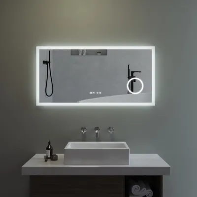 Produktbild von Badspiegel mit Beleuchtung LED Wandspiegel Lichtspiegel Badezimmerspiegel beleuchtet 120x60cm Kosmetikspiegel Digital Uhr Touch Sensor Dimmbar Spiegelheizung Kaltweiß 6400K ECHOS-Serie Typ D