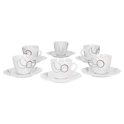 Produktbild von zestaw 6 filiżanek do kawy 20cl i spodek do kawy 14,5cm Palazzo - wykonane z białej porcelany z dekoracyjnymi okręgami w kolorze szarym i ciemnoczerwonym