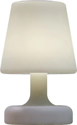 A white LED solar lamp with a conical shade and a round base.