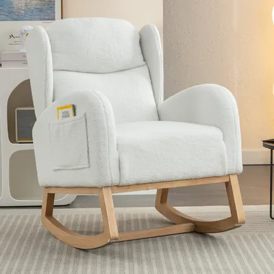 Obrázek produktu pro okwish Houpací křeslo s opěrkami, křeslo s dřevěným podstavcem, houpací křeslo pro relaxaci s opěradlem do obývacího pokoje, čalouněné křeslo, Houpací křeslo, Bílá