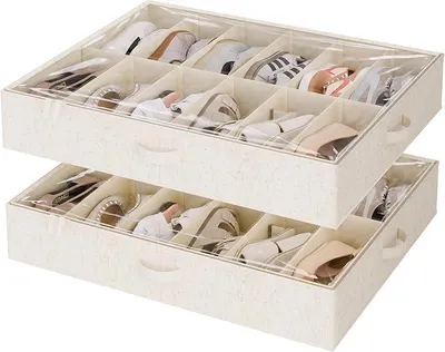 Produktbild von PolkaHome® Unterbett Schuhaufbewahrungsbox mit Deckel, 2 Stück, 76 x 72 x 13,5 cm, beige