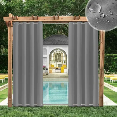 Obrázek produktu pro 4 ks Větruodolné venkovní záclony s očky Top (ID: 4cm) + Bottom (ID: 4cm), vodotěsné neprůhledné sluneční clony s UV ochranou Patio Cabana Porch Gazebo Curtain, 275x132cm, Light Grey