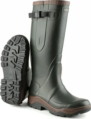 A pair of green rubber boots shown against a white background.