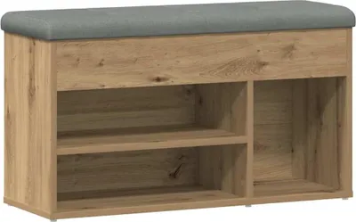 A shoe bench with storage compartments and a cushioned top.