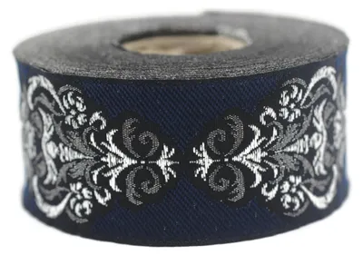 Produktbild von Solidchoice – Jacquard-Band, Dunkelblau – Barockmuster, 3,5 cm x 10 m