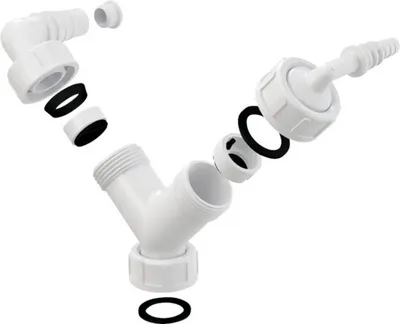 An exploded view of a white plastic plumbing fitting with rubber seals, shown against a white background.