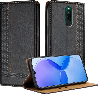 Produktbild von Handyhülle für Xiaomi Redmi 8 /Redmi 8A Leder Flip Klappbare Schutzhülle mit Standfunktion Schwarz