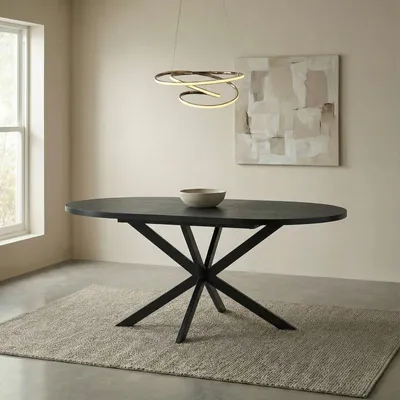 Produktbild von Esstisch CHESTER rund 120 cm, Schwarz – Ausziehbar bis 160 cm schwarzes Metallgestell,Tischplatte mit Holzdekor modernes Design, ideal für Esszimmer oder Küche
