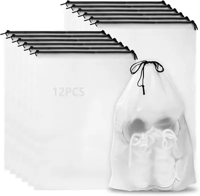 Produktbild von PolkaHome® 12 Stück Schuhtaschen 40 x 30 cm, Transparente Reise-Schuhbeutel mit Kordelzug, Staubdicht, Wasserdicht, Wiederverwendbar,