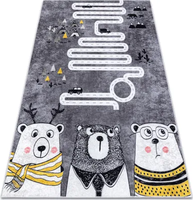 Zdjęcie produktu dla Dywan do prania JUNIOR 52107.801 Niedźwiedzie, zwierzęta, uliczki dla dzieci, antypoślizgowy -  szary 200x290 cm