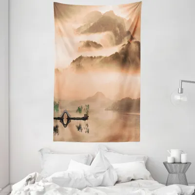 Produktbild von ABAKUHAUS Kunst Wandteppich und Tagesdecke, Chinesische See-Landschaft aus Weiches Mikrofaser Stoff Waschbar ohne Verblassen Digitaldruck, 140 x 230 cm, Pfirsich