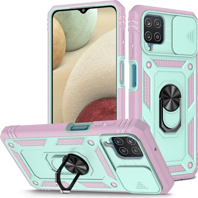 Image de Etui pour Samsung Galaxy A12 avec protection coulissante de l'appareil photo, résistant aux chocs, avec porte-anneau, support et porte-cartes Rose Vert