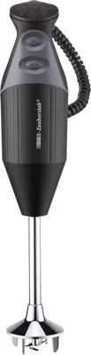 A black and silver immersion blender with a coiled cord.