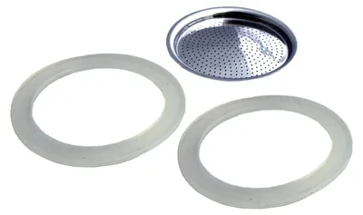 Two rubber gaskets and a metal coffee filter basket shown against a white background.